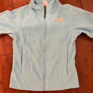North face fleece jacket, front open zipper size 7/8 unisex turquoise color used